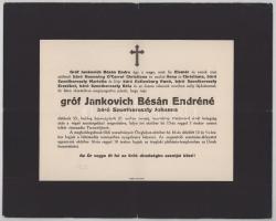 1933 gróf Jankovich-Bésán Endréné, szül. báró Szentkereszty Johanna (Janka) (1880-1933) halotti értesítője, kis lapszéli sérülésekkel, 24,5x30,5 cm