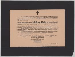 1942 Bp., makói és geleji Makay Béla (1863-1942) államtudor, vallás- és közoktatásügyi helyettes államtitkár halotti értesítője, kis sarokhiánnyal, 23x30 cm