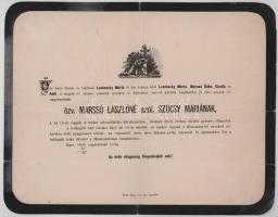 1883 Eger, özv. Marssó Lászlóné, szül. Szücsy Mária (1818-1883) halotti értesítője, lapszéli sérülésekkel, 23x29,5 cm