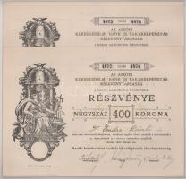 1922. Aszód "Az Aszódi Kereskedelmi Bank és Takarékpénztár Részvénytársaság" két darab, névre szóló részvénye egyben, összesen 400K-ról, szárazbélyeggel, szelvényekkel (2x) sorszámkövetők "4875-4876" és "4877-4878" T:AU,XF foltok