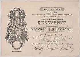 1922. Aszód "Az Aszódi Kereskedelmi Bank és Takarékpénztár Részvénytársaság" két darab, né...