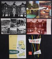 Érdekes vegyes képeslap tétel: modern városképek az 50-es évektől, gyógyszertájékoztató lapok 1947-től, kevés motívum és egyéb lap, cipős dobozban