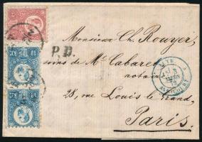 1872 Levél Párizsba Réznyomat 5kr + 2 x 10kr bérmentesítéssel "PEST"