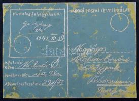 1942 Fémlemezbe vésett tábori lap az orosz frontról Vásárosnaményba. Érdekes darab!!