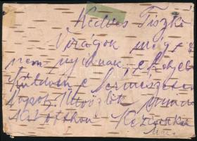 1915 Nyírfakéregből készült tábori lap az orosz frontról Soroksárra. Érdekes darab!!