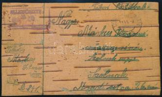 1944 Nyírfakéregből készült tábori lap az orosz frontról Szolnokra. Érdekes darab!! / Field postcard...