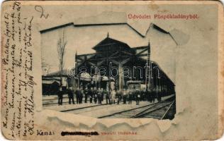 Püspökladány, Vasúti indóház, pályaudvar, vasutasok, létra. Fénynyomat Divald műtintézetéből (Rb)