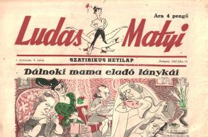 [Folyóirat] Ludas Matyi. Szatirikus hetilap. Szerkesztő: Gál György. I. évfolyam, 9. szám. (1945. július 15.) Budapest, 1945. (Szikra Lapnyomdavállalat). 8 p. Folio. A Ludas Matyi a magyar politikai és közéleti karikatúra szempontjából iskolateremtőnek számít, tehetséges, nívós karikaturisták nemzedékeinek adott kiemelkedő publikációs lehetőséget, a magyar karikatúra ideológiai vonatkozásoktól függetlenül maradandó alkotóműhelyének számított. Itt indult vagy teljesedett ki Gáspár Antal, Kálmán Viktor (Vasi), Kassowitz Félix, Korcsmáros Pál, Pályi Jenő, Sándor Károly, Szegő Gizi, Szűr-Szabó József, Szigethy István, Toncz Tibor pályája. Szatirikus lapszámunk újdonságának számít, hogy impresszumában feltünteti az aktuális lapszám íróit és grafikusait, az írásokat magukat azonban csak Kálmán Jenő és Gábor Andor rovatvezető, illetve Heltai Jenő vállalják fel. Lapszámunk vezető karikaturistája Gáspár Andor és a Vasi szignóval aláíró Kálmán Viktor. Az írások és rajzok ideológiai céltáblája a kollektív bűnösség elve jegyében megvádolt dunántúli németség, a csendőrség, a perbe fogott nyilasok, illetve újdonságként a Polgári Demokrata Párt, amellyel a Magyar Kommunista Párt lapszámunkban megkezdte a leszámolást. (A lap által kigúnyolt politikusok és politikai erők hamarosan az ellehetetlenülés és megsemmisülés sorsára jutottak.) Jó állapotú lap, hajtogatva.