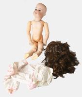 cca 1920 Bruno Schmidt Walterhausen nagyméretű porcelánfejű baba, eredeti testével, jelzett, kopással, csukódó szemmel, m: 68 cm