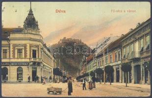 Déva main street and castle with the shop of the Hirsch brothers and Hotel Fehérkereszt