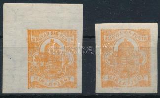 1913 2 db Hírlapbélyeg, az egyik hiányos nyomat, a másikon a felső keretszegély gépszínátnyomatával