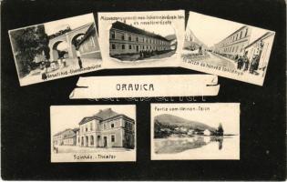 1907 Oravicabánya, Oravica, Oravita; vasúti híd, gőzmozdony, vonat, Miasszonyunkról nev. iskolanővérek tan- és nevelőintézete, Fő utca és honvéd laktanya, Színház, Kistó részlet / railway bridge with locomotive, train, boarding school, main street and K.u.k. military barracks, theatre, lake + "ORAVICZA - JASSENOVA 209 A" vasúti mozgóposta bélyegző (EK)