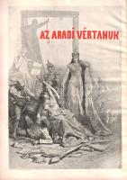 Aradi vértanúk albuma. Arad sz. kir. város közönsége és az aradi "Kölcsey-egyesület" megbízásából szerkesztette Varga Ottó. Budapest, [1902]. Lampel R. - Wodianer F. és Fiai (ny.) 1 t. (feliratozott hártyapapírral védett címkép) + 297 + [3] p. + 1 t. (feliratozott hártyapapírral védett) + 7 melléklet (levél-hasonmások, ebből 6 kétleveles, melyekből 4-et feliratozott hártyapapír véd). A kegyeletes nemzeti emlékezetben őrzött szabadságharc aradi vértanúinak méltó megünneplésére már a kiegyezés pillanatától, 1867-től születtek tervek. Több emlékműterv is született, ezek közül végül Zala György szoborkompozíciója valósult meg: az aradi színhelyen 1890. október 6-án avatták fel a Szabadság-szobrot. Emlékalbumunk 1890. évi első kiadása is ebből az alkalomból készült, albumunk felépítése későbbi, bővített kiadásaiban sem változik érdemben. A Zichy Mihály, Benczúr Gyula, Benczúr Béla, Papp Henrik, Mannheimer Gusztáv, Jendrássik Jenő, Baranski Emil rajzaival illusztrált kötet a tábornokok rövid pályaképe, a világosi fegyverletétel, a kivégzés körülményeinek ismertetése, majd a Haynau- és Bach-rendszer rövid áttekintése után a vértanúk kultuszát, majd Arad város példátlan gazdasági fejlődését ismerteti. Jóllehet Arad városa a századfordulón még döntően magyarlakta település volt, a munka a századfordulós (és bizonyos szorongást tükröző) nemzetpolitika jegyében függelékként közli Concha Győző "A magyar faj hegemoniája" című cikkét, amely a magyarság és németség civilizációteremtő ereje mellett érvel. Tételünk a munka ötödik, bővített kiadásából való. Az előzékeken enyhe foltosság, példányunk a fűzése az első előzéknél kissé meglazult. Aranyozott, foltos gerincű, kopott, sérült korabeli félvászon kötésben, kissé foltos kötéstáblákkal, az első kötéstáblán az emlékmű egy részletének dombornyomású illusztrációjával.