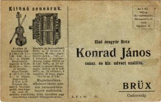 Konrád János órás reklámlapja, kitűnő zeneáruk. Első óragyár Brüxben Konrád János cs. és kis. udv. szállító. / Hungarian clock shop advertisement (r)