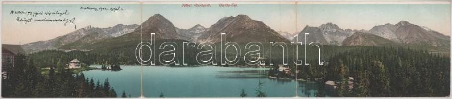1902 Tátra, Magas-Tátra, Vysoké Tatry; Csorba-tó. Cattarino kiadása, 3-részes kihajtható panorámalap / Strbské pleso / lake, 3-tiled folding panoramacard (hajtásnál kis szakadások / small tears at fold)