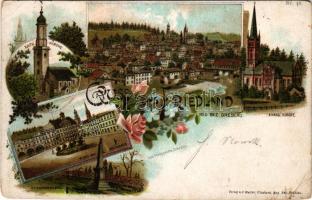 1899 (Vorläufer) Mieroszów, Friedland (Wroclaw, Breslau); Kath. Kirche, Evang. Kirche, Ring mit Rathhaus, Kriegerdenkmal. H. Walter, Lud. Philippsohn Nr. 48. / churches, square, town hall, military heroes monument. Art Nouveau, floral, litho (EB)