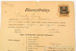 1904-1908 Kassa, Ónody Ilona m. kir. posta- és távirdakiadó 3 db irata: iskolai bizonyítvány, vizsga...