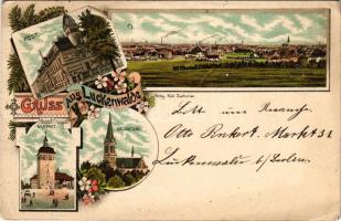 1898 Luckenwalde; Post, Markt, St. Jacobi. Verlag Rob. Zacharias / post office, market square, church, view. Art Nouveau, floral, litho (EK)