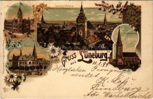 1899 Lüneburg, Postgebäude, Lüneburg vom Kalkberge, Museum St. Nicolaikirche. Verlag von Gustav Peters / view, post office, museum, church. Art Nouveau, floral, litho (EB)