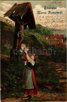 1910 Budapest II. Máriaremete, dombornyomott útmenti feszület. S. 4122. Emb. (EK)