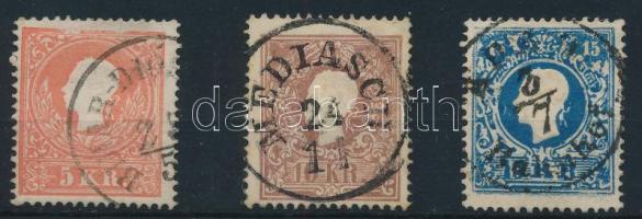 1858 5kr, 10kr és 15kr I. típus / type I., "BIHAR-DIÓS(ZEG)", "MEDIASCH", "ARAD / Bahnhof"