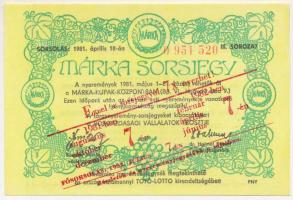 1981. "Márka Sorsjegy" a Borgazdasági Vállalatok Trösztje sorsjegye, III. sorozat, "Ezzel a sorsjeggyel 7x nyerhet!" felülbélyegzéssel T:AU