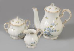 Zsolnay kékvirág mintás tollazott peremű teás készlet. Jelzett, teljes, hibátlan