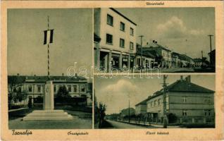 1943 Tornalja, Tornallya, Safárikovo, Tornala; Országzászló, utca részlet, üzletek, Tiszti lakások / Hungarian flag, street, shops, officers' apartments (fl)