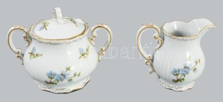 Zsolnay kékvirág mintás tollazott peremű kávés készlet. Jelzett, teljes, hibátlan