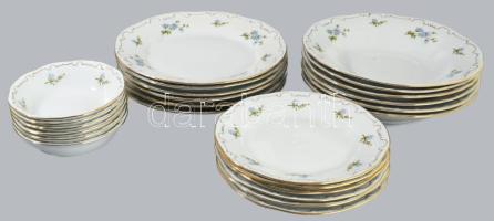 Zsolnay 6 személyes 31 részes kékvirág mintás, tollazott peremű étkészlet, jelzett, hibátlan