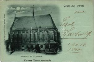 1898 Nysa, Neisse; Pfarrkirche ad St. Jacobum. Verlag Photograph Riedel vorm. Kensky / church at night in moonlight (EK)