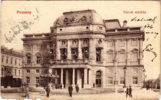 1906 Pozsony, Pressburg, Bratislava; Városi színház. Hátoldalon sorsjegy a Klotild királyi főhercegnő Ő Fensége védnöksége alatt álló "Fehér Kereszt" délvidéki gyermekvédő egyesület Szegény gyermekpoliklinikája javára / theatre, lottery ticket on the backside (b)