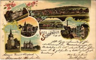 1898 Schönwald, I.I. Putz / view, castle, church. Art Nouveau, floral, litho (EK)