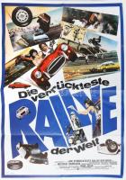 cca 1976 Die verrückteste Rallye der Welt (The Gumball Rally), német fimplakát, papír, hátoldalán olvashatatlan aláírással és/vagy feljegyzéssel, hajtva, hátoldalán elszíneződéssel, 83,5x59,5 cm