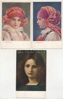 1916 3 db RÉGI képeslap: művészlapok, "Zsolna pályaudvar" bélyegzéssel / 3 pre-1945 art postcards with Zilina stamps