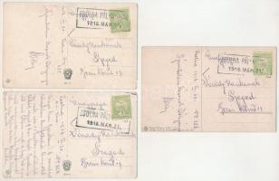 1916 3 db RÉGI képeslap: művészlapok, "Zsolna pályaudvar" bélyegzéssel / 3 pre-1945 art po...