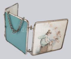 cca 1930 Krómozott szélű kihajtható tükör, nyomatokkal díszítve, 22x22 cm