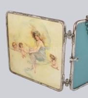 cca 1930 Krómozott szélű kihajtható tükör, nyomatokkal díszítve, 22x22 cm