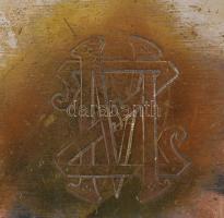 Szecessziós ezüstözött alpakka díszdoboz, monogramos díszítéssel, kopással, 15x12x8 cm