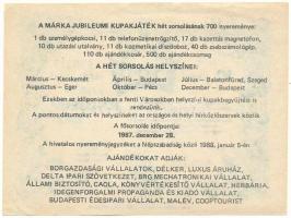 1987. "10 éves a Márka kupak akció jubileumi sorsjegy 1987" a Borgazdasági Vállalatok Gazd...