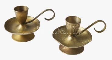 Antik kis réz sétáló gyertyatartó pár, m: 6,5 cm