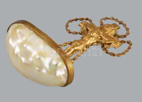 Aranyozott fém szenteltvíztartó kagylóhéj beillesztéssel, m: 9,5 cm