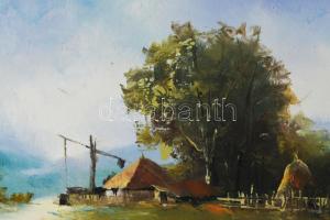 Finta László (1944-): Erdélyi tanya. Olaj, farost, jelzett. Dekoratív fakeretben, 20×40 cm