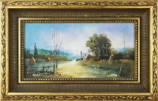Finta László (1944-): Erdélyi tanya. Olaj, farost, jelzett. Dekoratív fakeretben, 20×40 cm