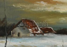 Finta László (1944-): Téli tanya. Olaj, farost, jelzett. Dekoratív fakeretben, 20×40 cm