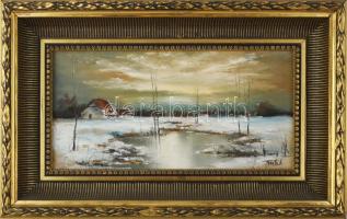 Finta László (1944-): Téli tanya. Olaj, farost, jelzett. Dekoratív fakeretben, 20×40 cm