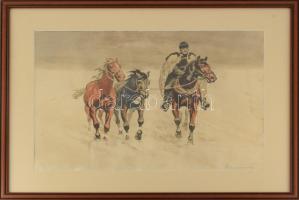 Benyovszky István (1898-1969): Száguldó lovak. Színezett rézkarc, papír, jelzett, kissé foltos. Üvegezett fakeretben, 35,5x51 cm