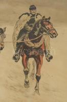 Benyovszky István (1898-1969): Száguldó lovak. Színezett rézkarc, papír, jelzett, kissé foltos. Üveg...