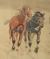 Benyovszky István (1898-1969): Száguldó lovak. Színezett rézkarc, papír, jelzett, kissé foltos. Üveg...