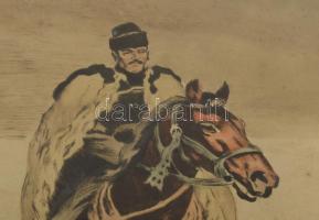 Benyovszky István (1898-1969): Száguldó lovak. Színezett rézkarc, papír, jelzett, kissé foltos. Üveg...